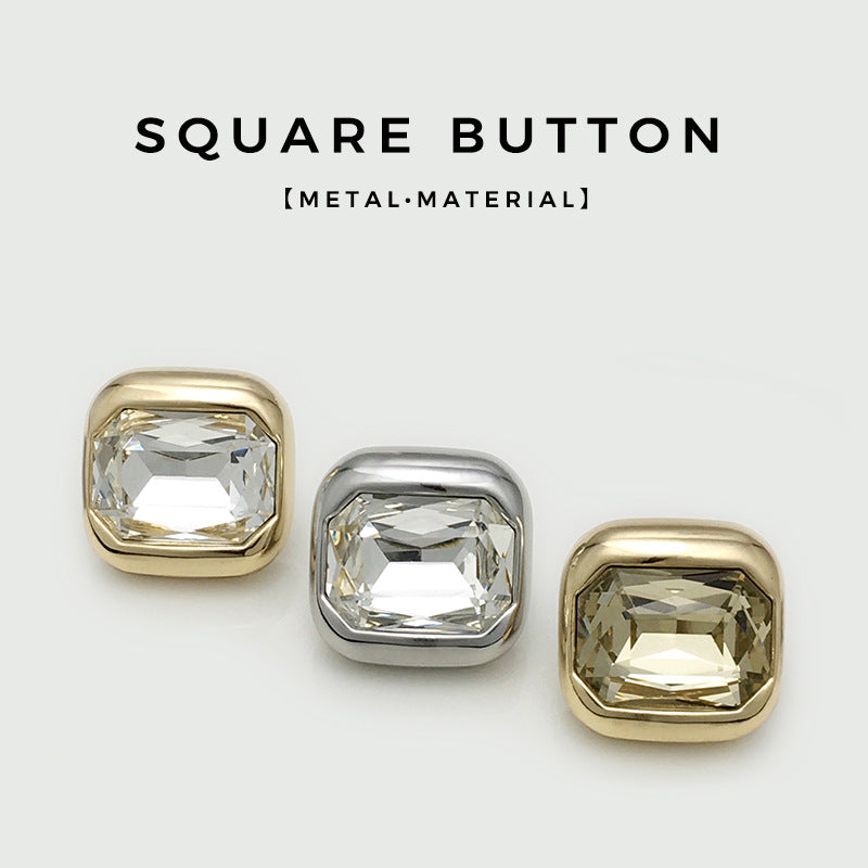 Square crystal buttons: gold, silver, and champagne frames with clear faceted gems
