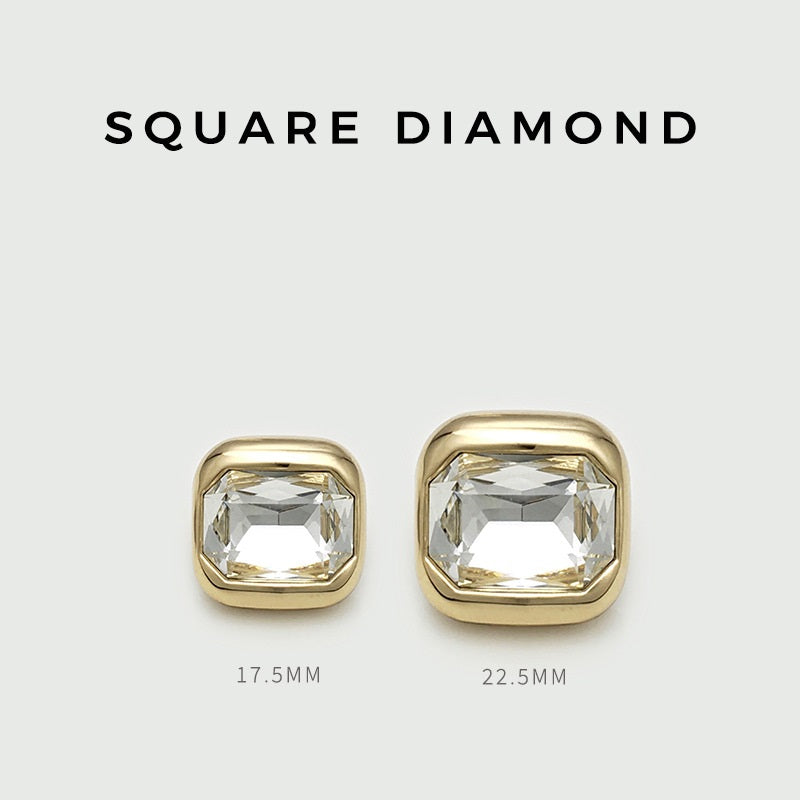 Square crystal button pair, gold frames: 17.5mm and 22.5mm clear faceted gems