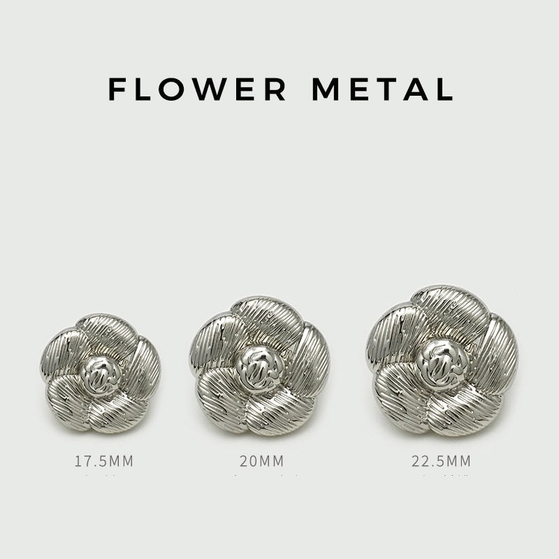 Silver camellia flower metal buttons, sizes 17.5/20/22.5mm, 20 pcs