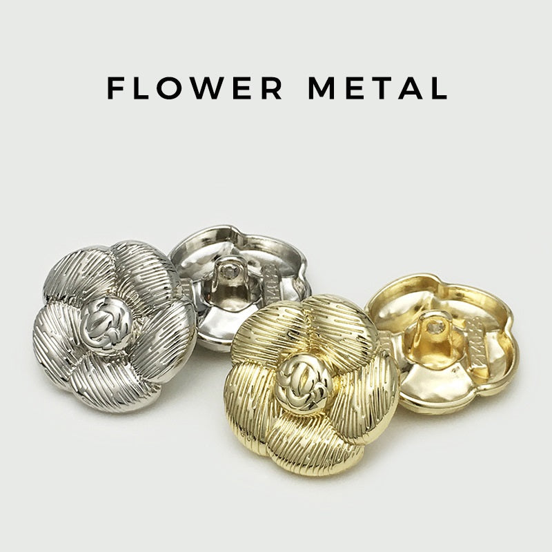 Mixed gold and silver camellia flower metal buttons with shank backs, 20 pcs