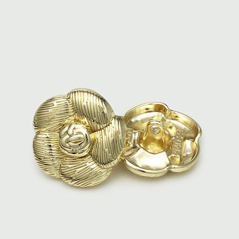Gold camellia flower metal button, back view with prongs, 17.5/20/22.5mm