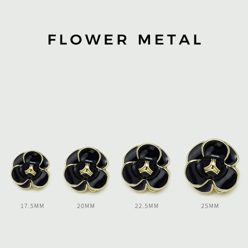 Botones flor 3D negros con borde dorado y pasador metálico (varios tamaños)