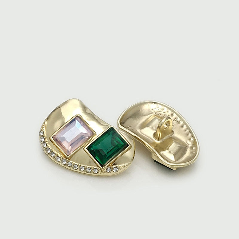 Irregular metal buttons, gold tone with lilac and green square stones