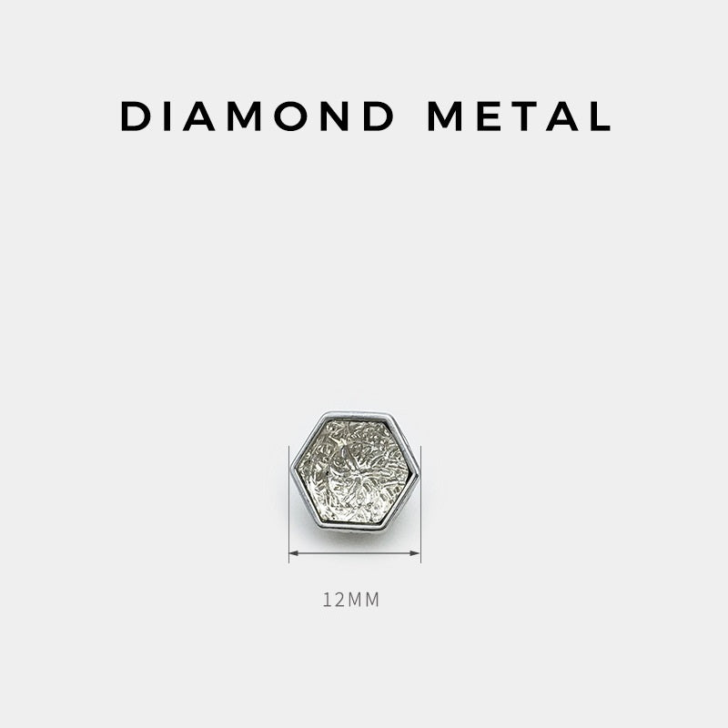 12mm hexagon gem-studded button, silver metal, textured face