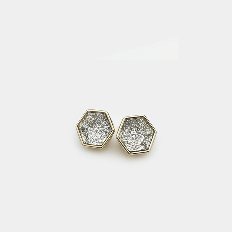 Hexagonal gem-studded buttons, gold metal frames with silver textured panels