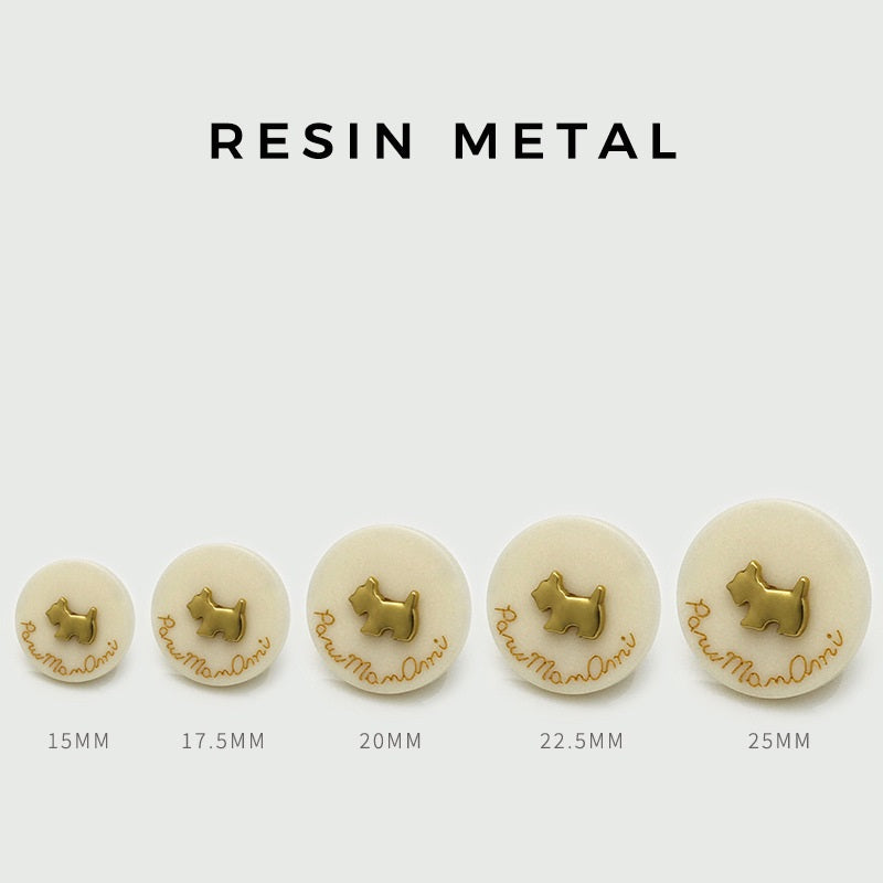 Assorted cream resin-metal dog round buttons, showing sizes 15mm–25mm and gold text