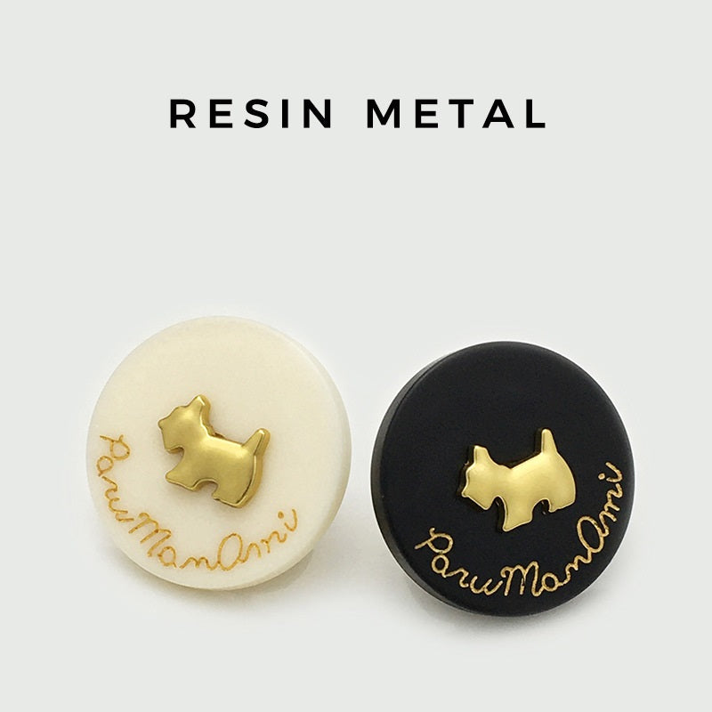 Set of round dog resin-metal buttons in cream and black with gold dog silhouettes