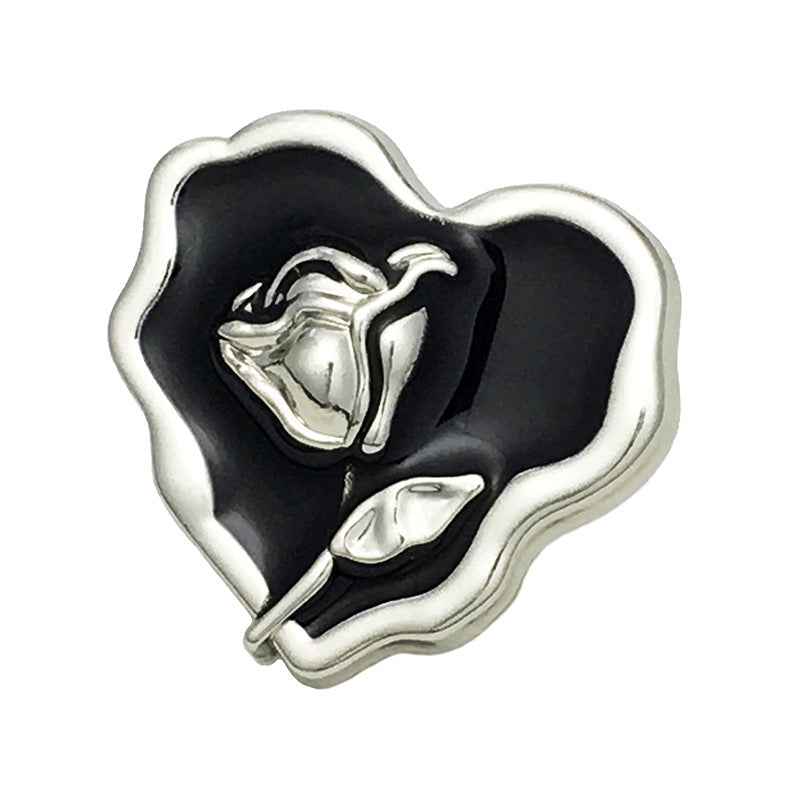 25mm Irregular heart metal button, silvery frame, black center with rose detail