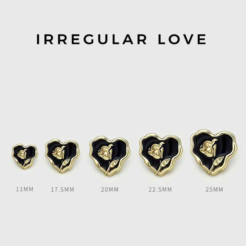 Irregular love rose metal button, gold on black heart, size 25mm shown