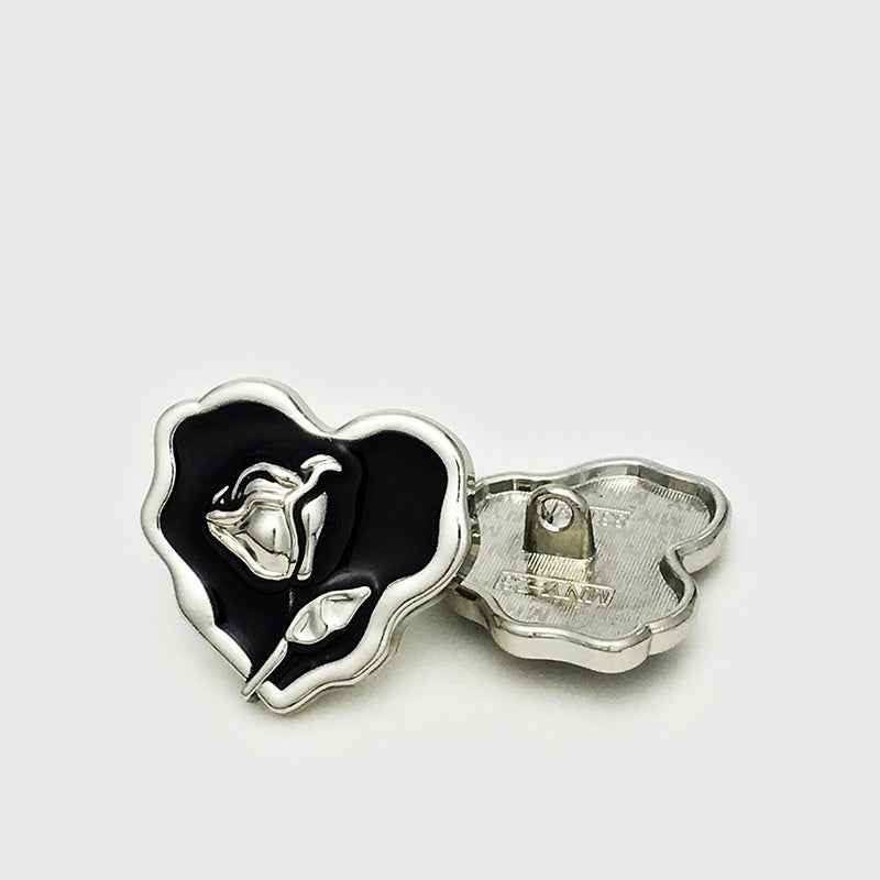 25mm rose heart metal button, silver frame, black center; visible back with shank