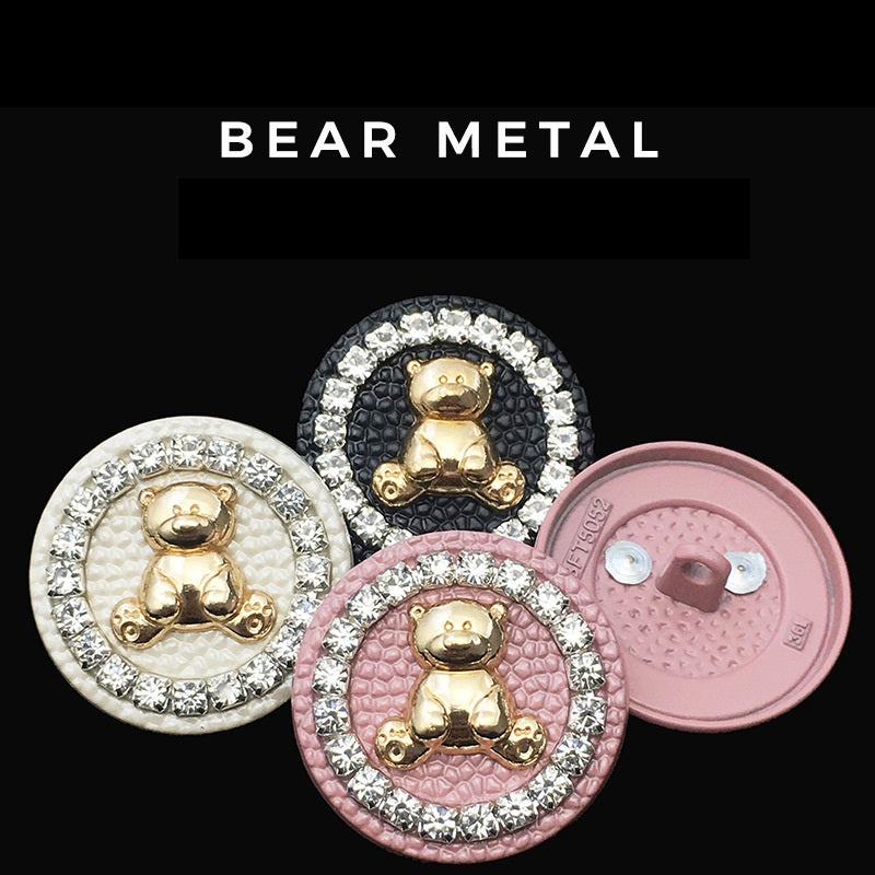 Set of bear metal buttons: ivory, pink, and black round designs with rhinestone rims