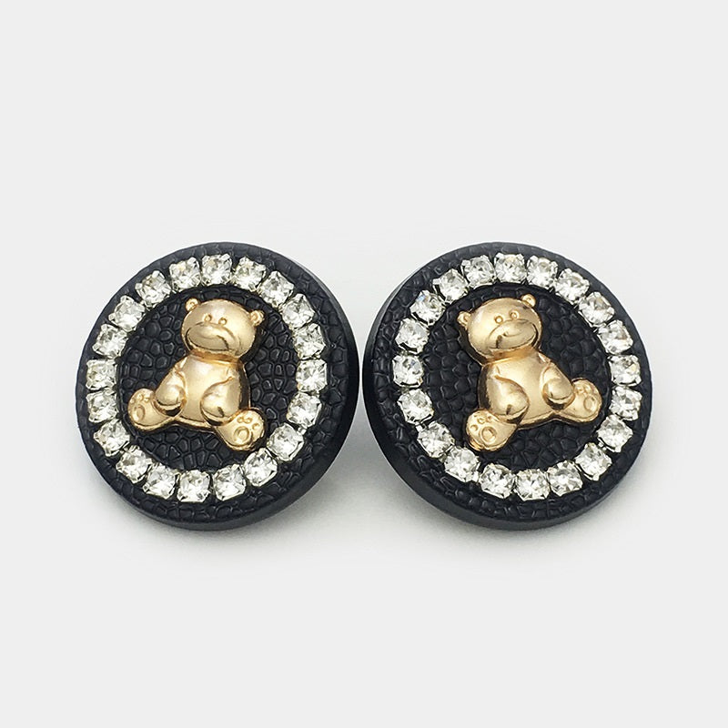 Black round bear metal buttons with crystal-look border and gold embossed bear figure