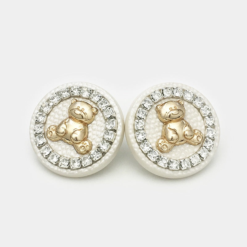 Ivory round bear metal buttons with crystal-look border and gold embossed bear figure
