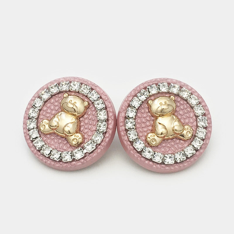 Pink round bear metal buttons with crystal-look border and gold embossed bear figure