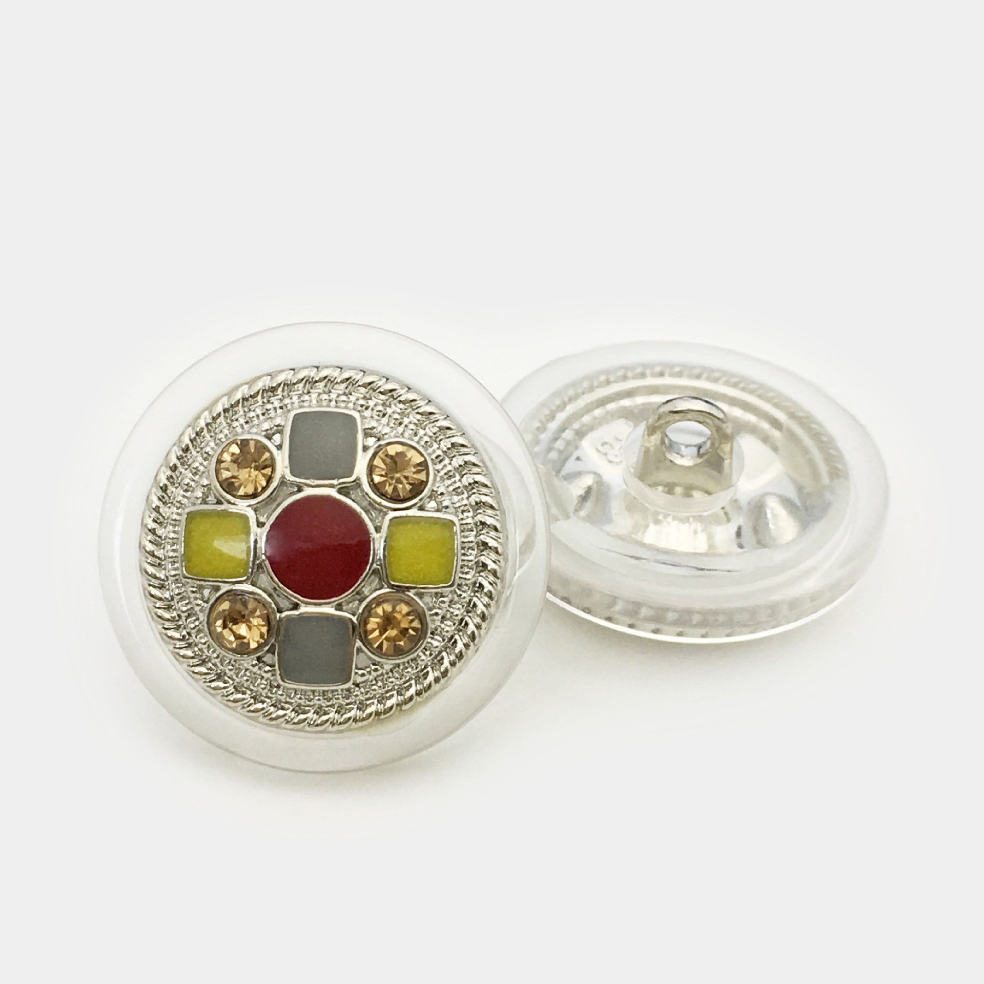 Round vintage cross button pair: silver-toned front with red center, clear back