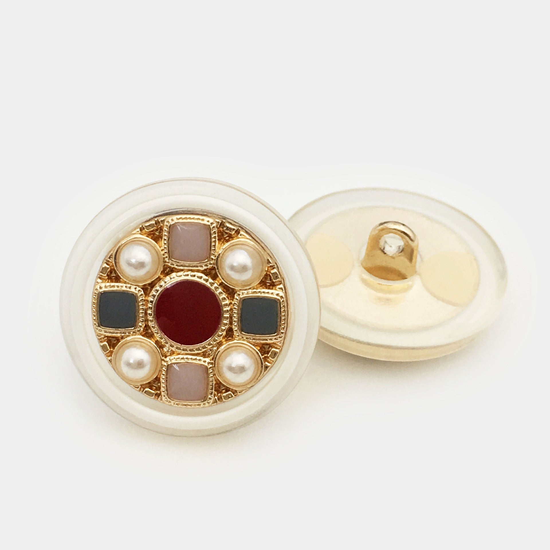 25mm round vintage cross button: red center with pearl accents, clear resin back