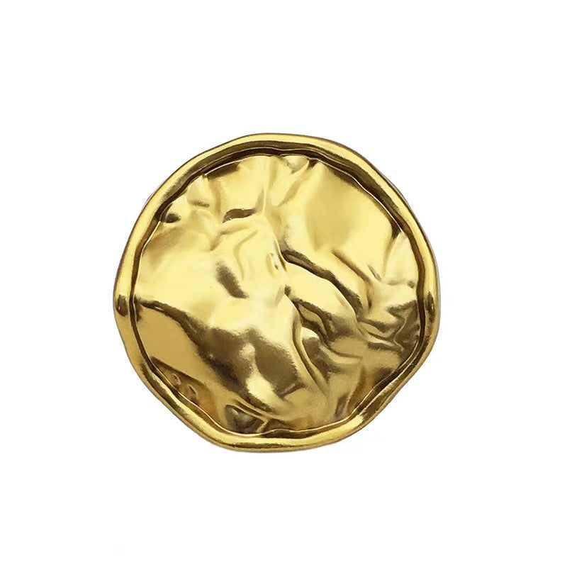 Antique gold pleated metal button, round with textured reflective finish