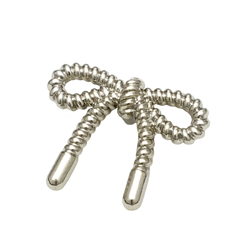 3D hollow bow metal button in silver-tone, braided loop knot with two straight shanks