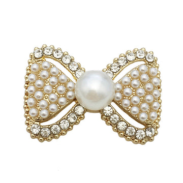 Gold 33mm 3D Bow button: faux pearl and rhinestone bow with center pearl (10 pcs)