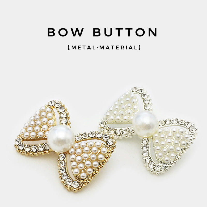 Silver 3D Bow button: faux pearls and clear rhinestones, center faux pearl bead
