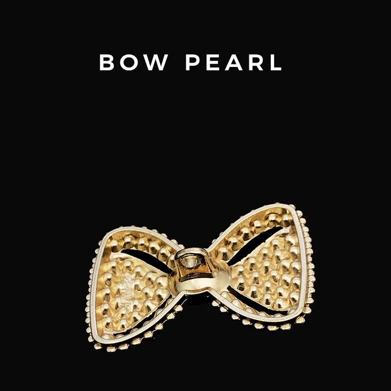 Gold 3D Bow button: faux pearls and clear rhinestones with metal bow frame
