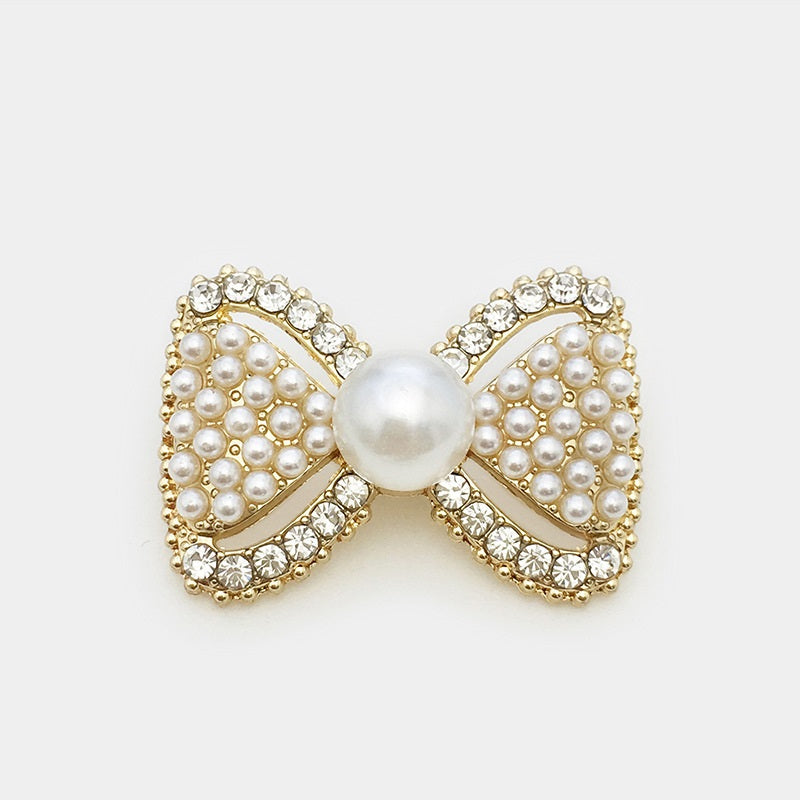 Gold 3D Bow button pair: faux pearl clusters with rhinestone trim and center pearl