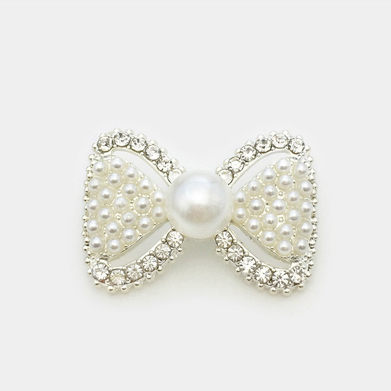 Silver 3D Bow button: faux pearl bow with clear rhinestone edges and center faux pearl