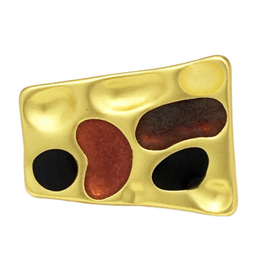 Concave trapezoidal metal button, gold tone with black/red-brown insets