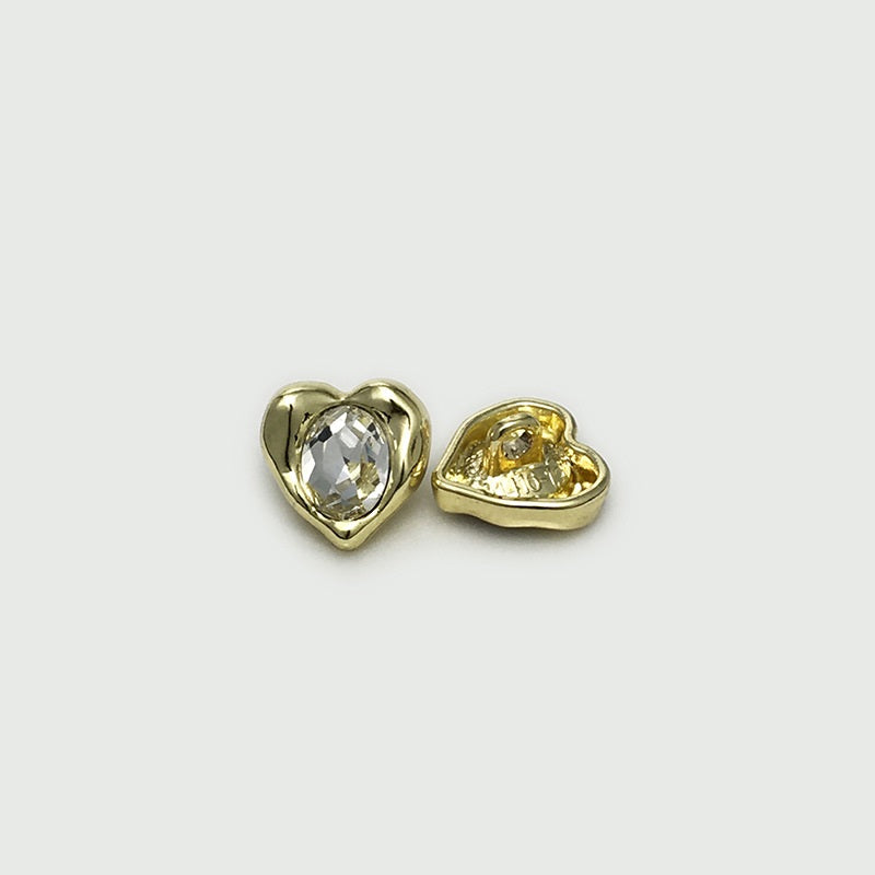 Gold-tone heart cuff button with clear gem, shown front and reverse