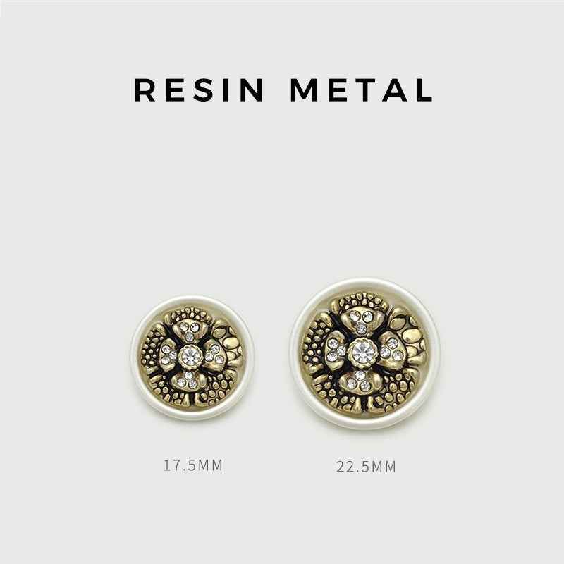 Two resin metal flower buttons: 17.5mm and 22.5mm, gold rhinestones on dark center