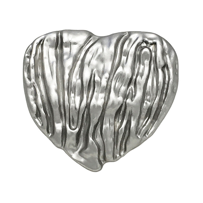 Heart-shaped metal button, silver, vertical stripe finish for knitted sweaters