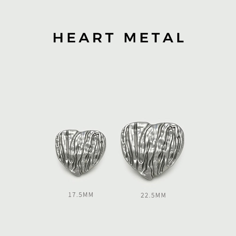 Heart-shaped metal buttons, silver, vertical stripes; sizes 17.5mm and 22.5mm