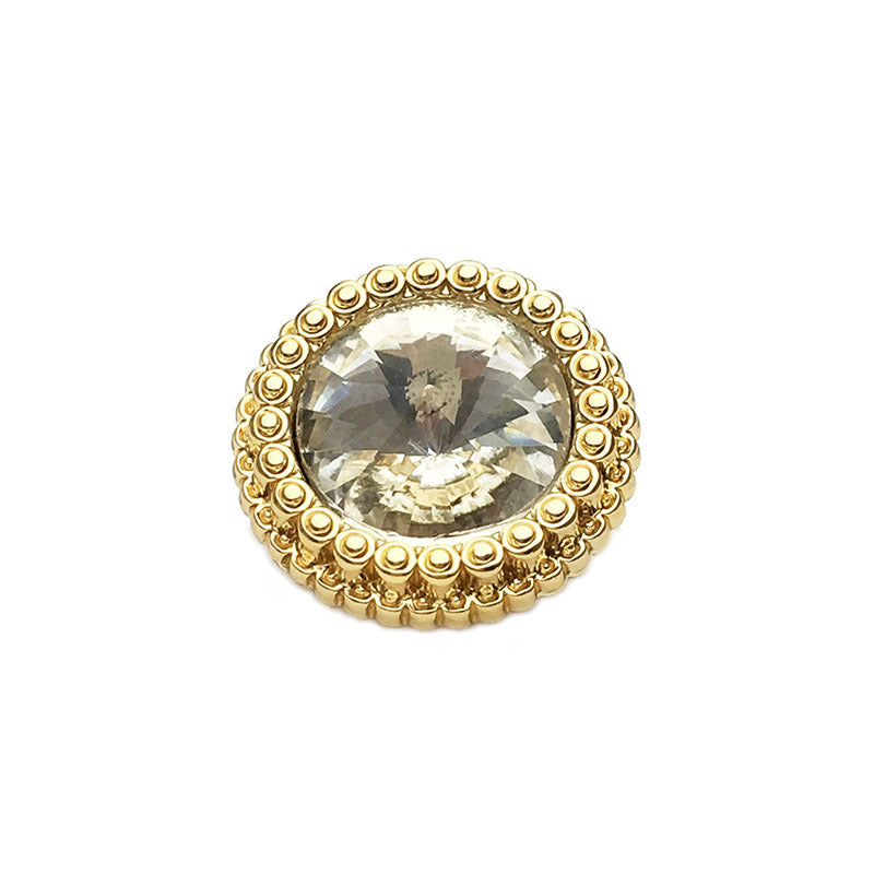 Gold crystal diamond shirt cuff button, round metal setting with faceted clear center