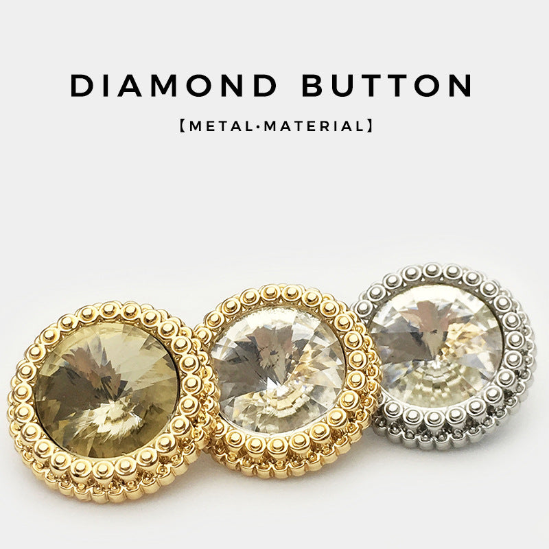 Set of diamond crystal cuff buttons: two gold and one silver round metal with clear stones