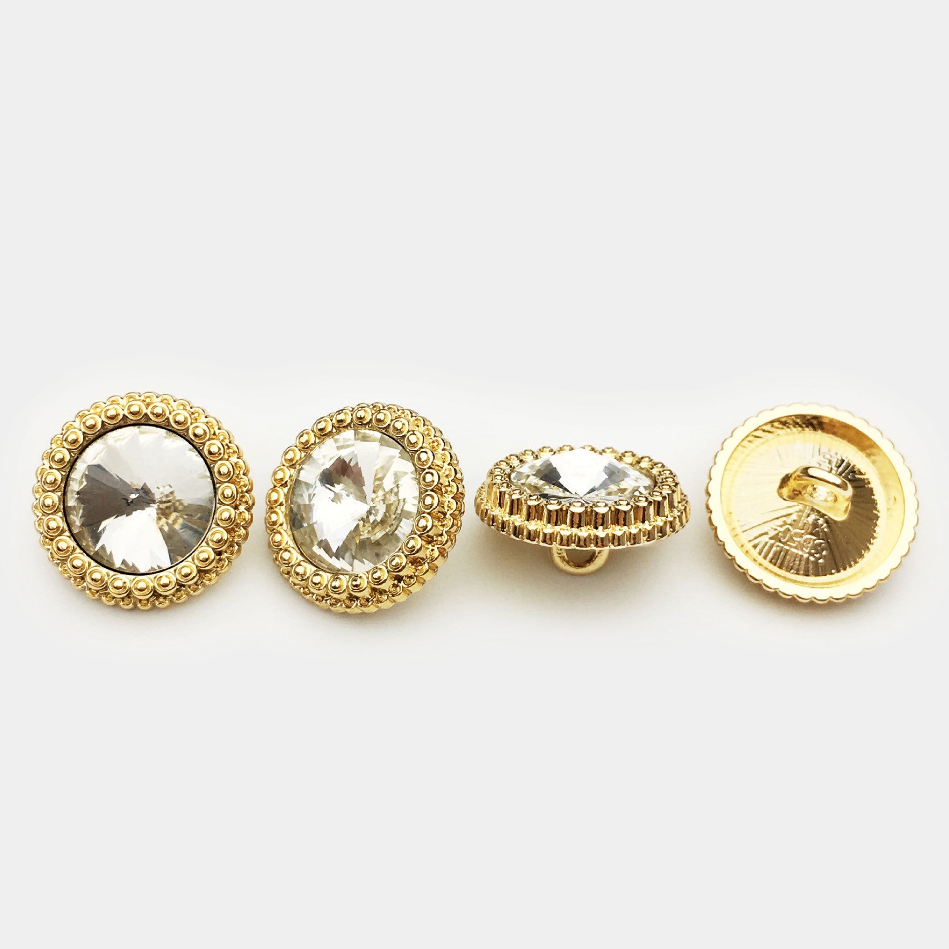 Gold diamond crystal cuff buttons set: two front stones and two gold-toned backs