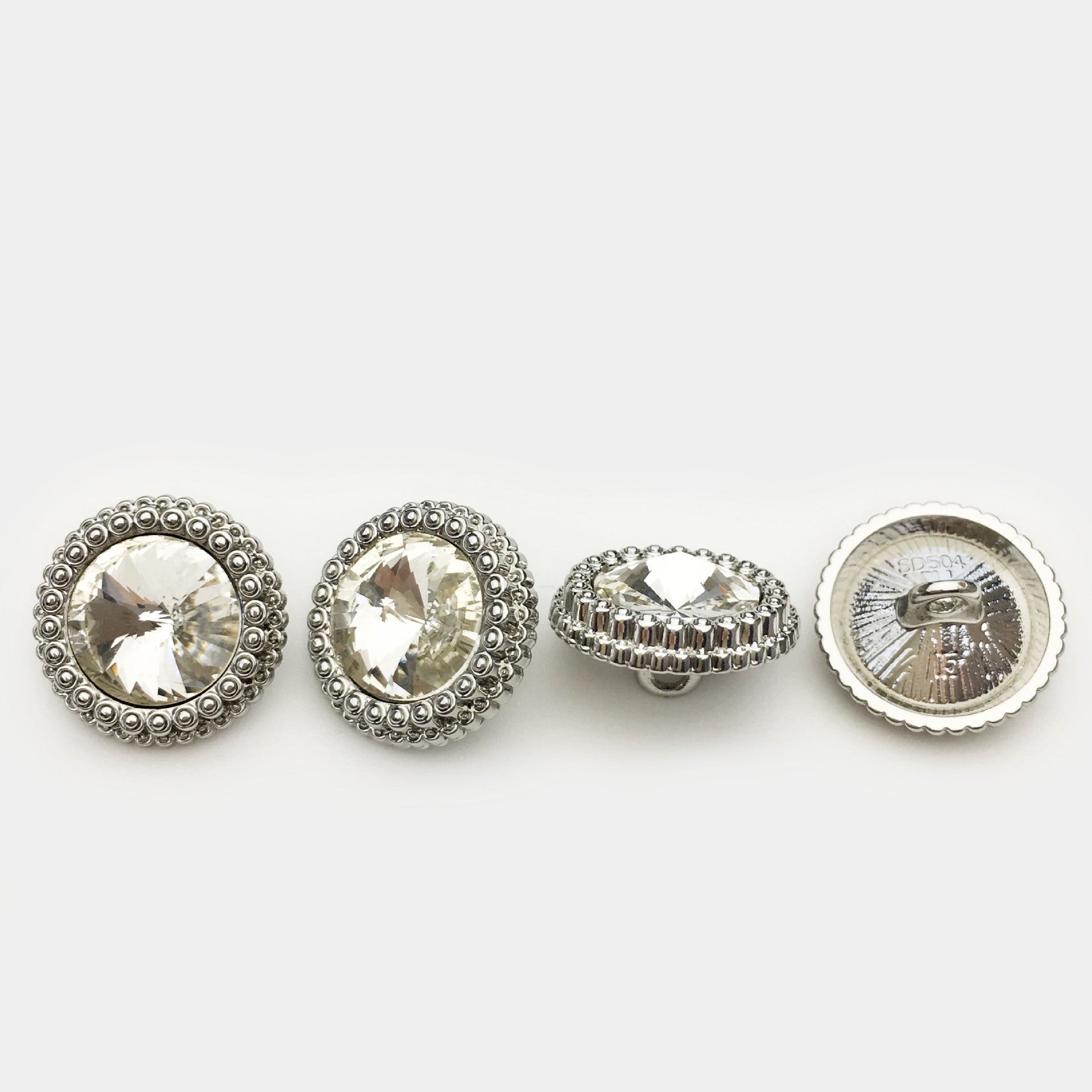Silver diamond crystal shirt cuff buttons: round metal fronts with clear faceted centers