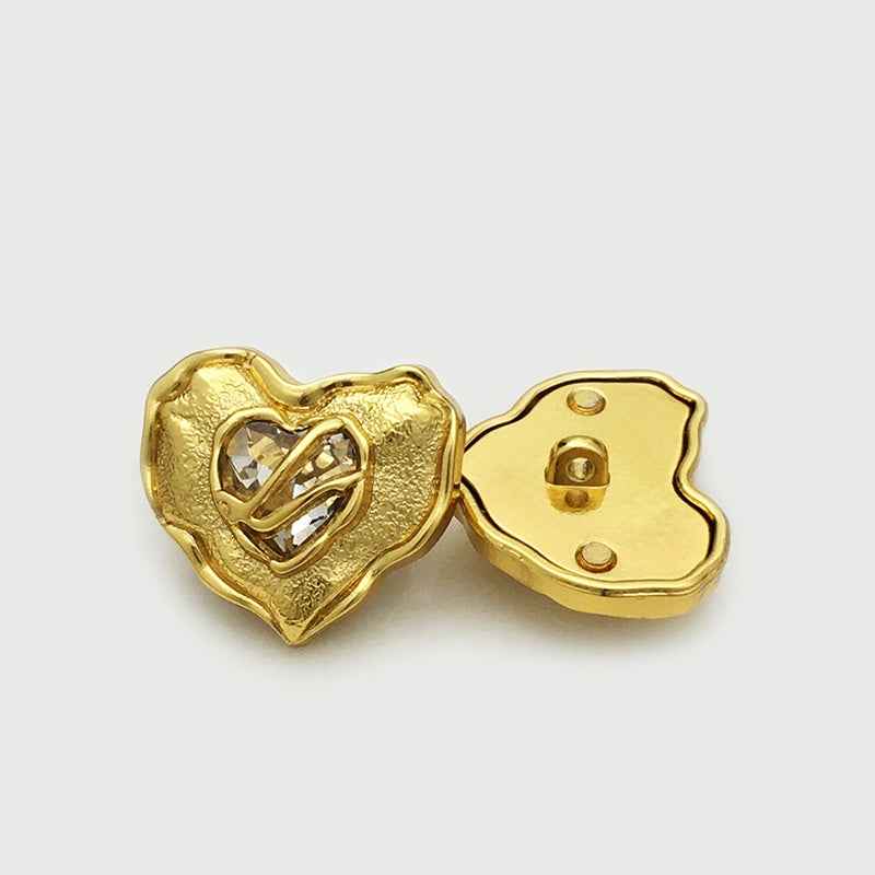 Goldfarbener Herzknopf mit Diamantoptik, Vorder- und Rückseite, Metallfassung