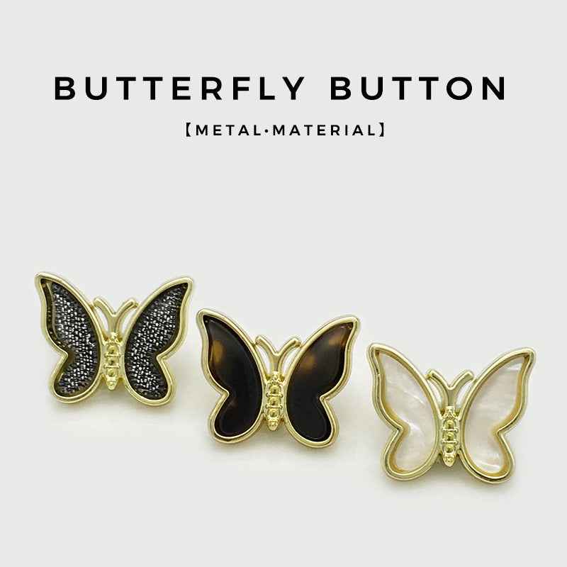 Set of 3D butterfly metal buttons: black, brown, and white with gold-tone edging