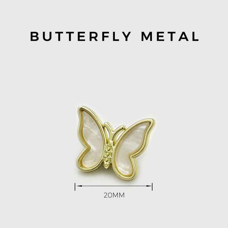 20mm white 3D butterfly metal button with pearl-like inlay and gold-tone frame