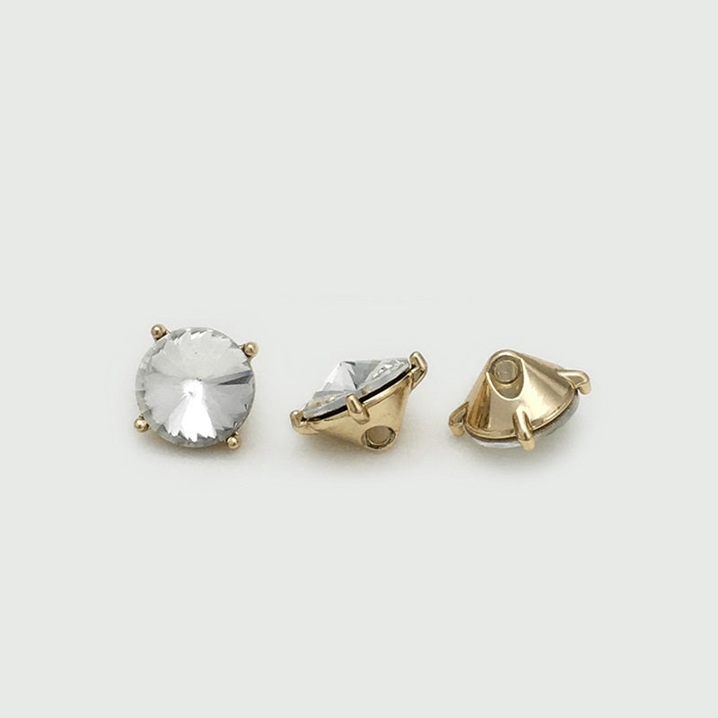 Clear crystal metal button: round front and clasp-back views in silver and gold settings