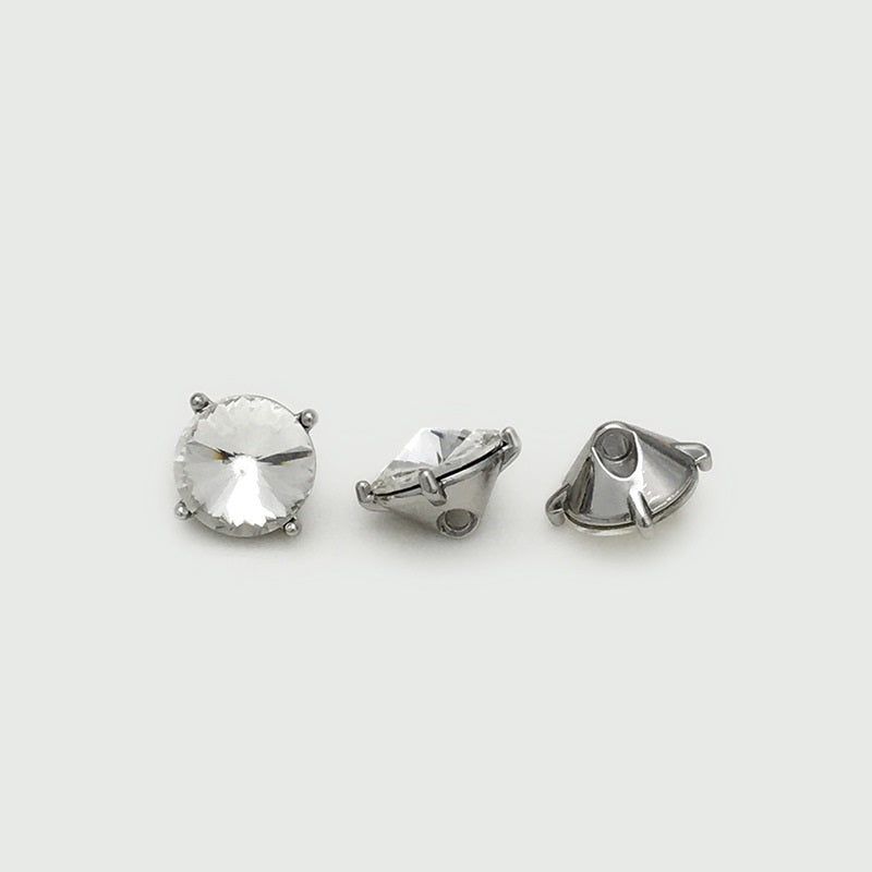Clear crystal metal button: round front with silver concealed-hole clasp backs