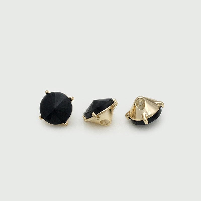 Black crystal metal buttons: round front with gold and silver concealed-hole backs