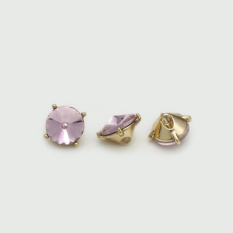 Pink crystal metal button: round front with gold concealed-hole clasp backs