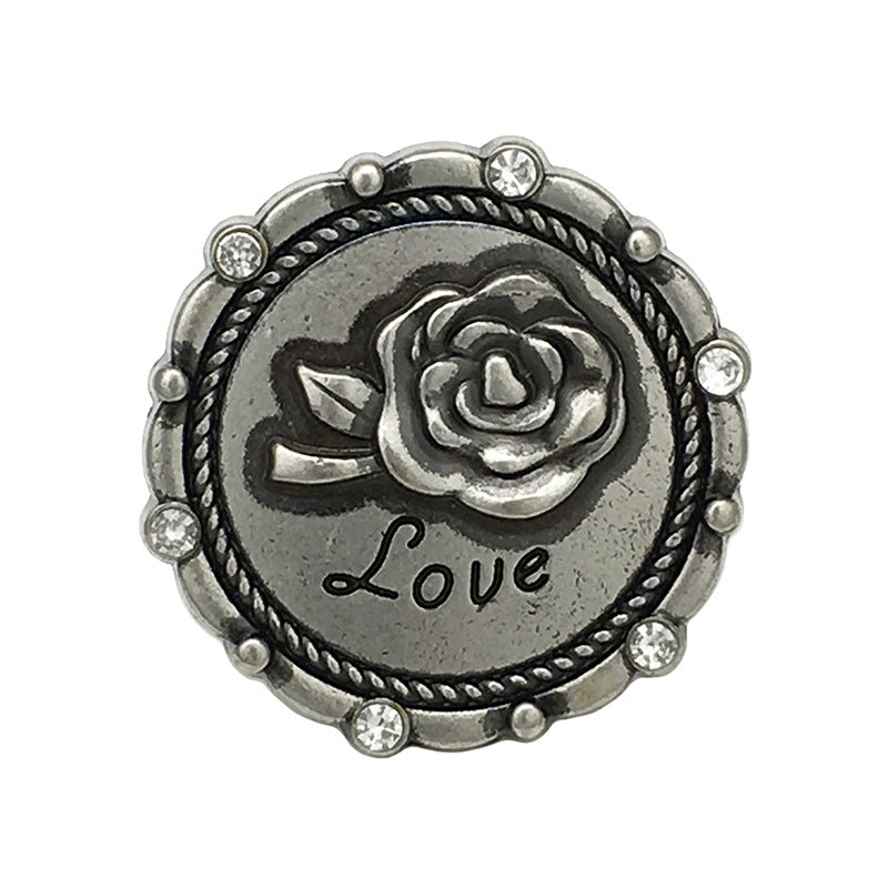 Antique silver LOVE rose metal button with clear rhinestone accents