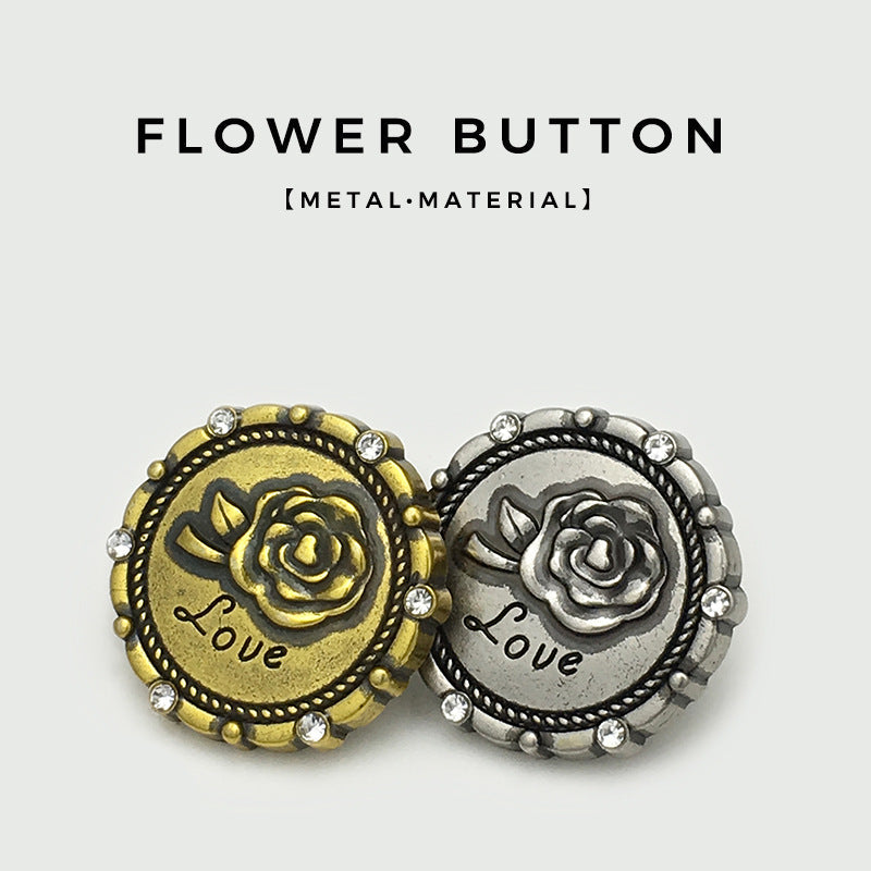 Pair of love flower metal buttons: antique silver and bronze with rhinestones