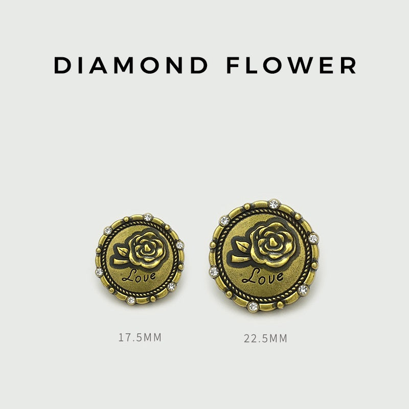 Love flower metal buttons in two sizes: 17.5mm and 22.5mm, rhinestone rim