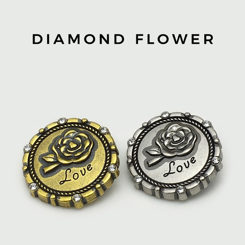 Diamond flower LOVE buttons, antique silver tone with rose motif and rhinestones