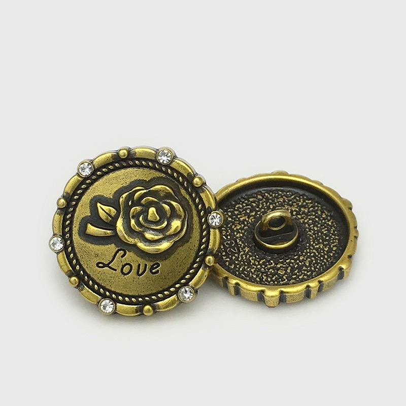 Love rose button pair: antique gold front and antique silver back, rhinestones
