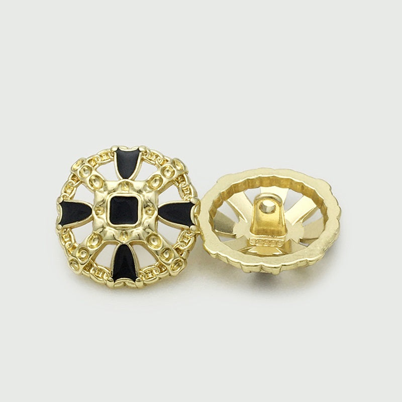 Hollow cross metal buttons, black inset centers with gold-tone hollow design, front/back