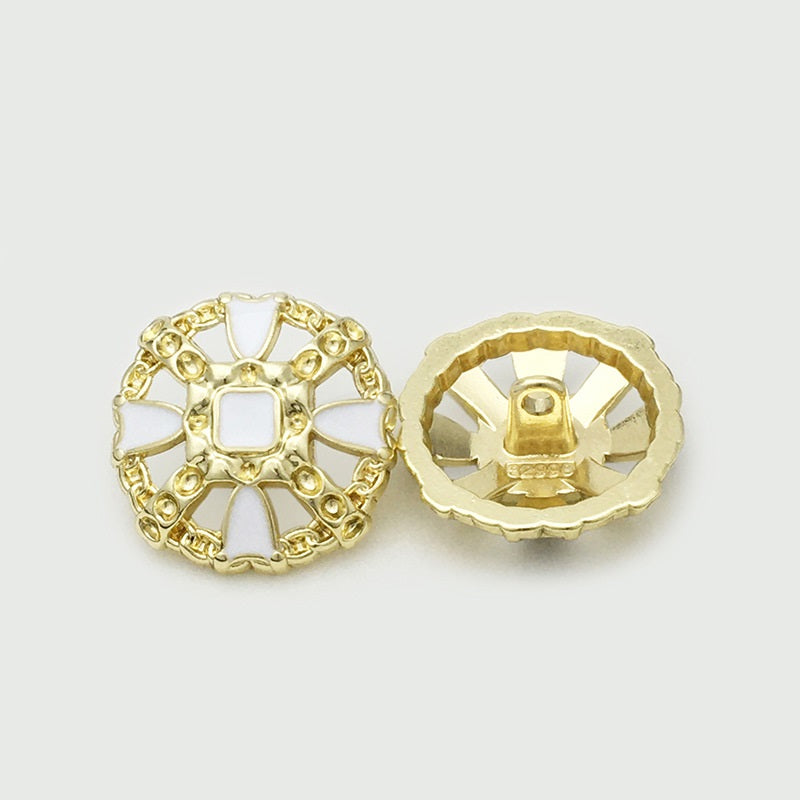 Hollow cross metal button pair: white front with gold-tone reverse, 17.5–22mm